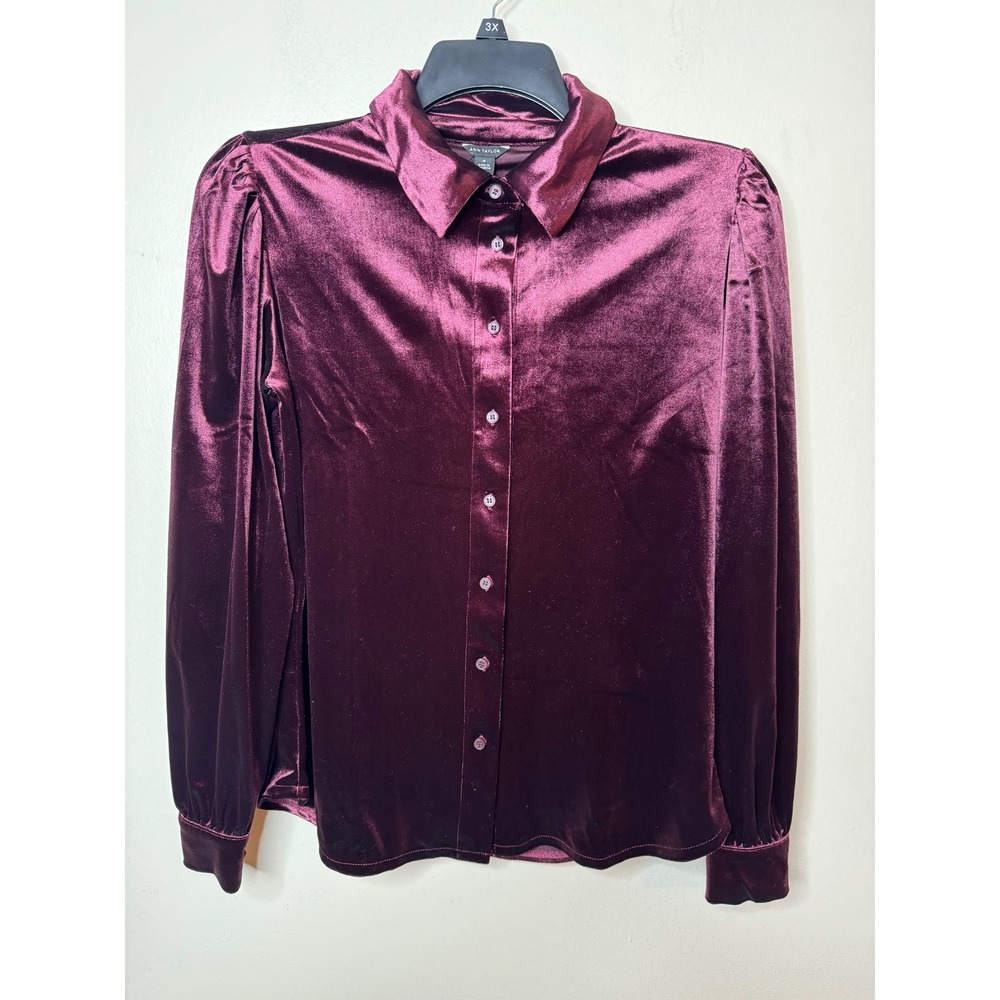 Ann Taylor Burgundy Velvet Button Down Shirt Puff Sleeve Top Womens Medium